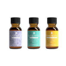 Заредете изображение във визуализатора на галерията – 3 Pack Aromatherapy Essential oils (Lavender, Eucalyptus, Frankincense)
