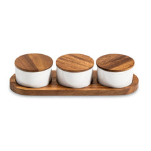 Charger l'image dans la galerie, Ensemble de service pour condiments - 3 bols en céramique avec couvercles - 33 x 9,5 cm
